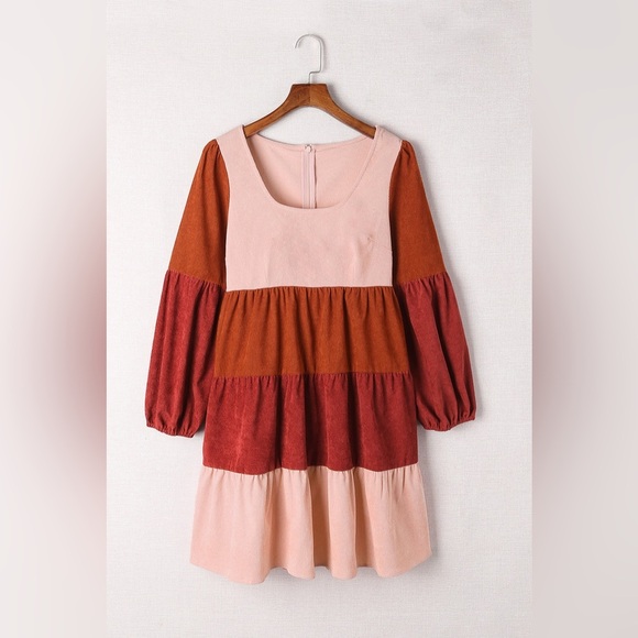 Color Block Square Neck Tiered Dress Pink/Tangerine - Picture 5 of 12